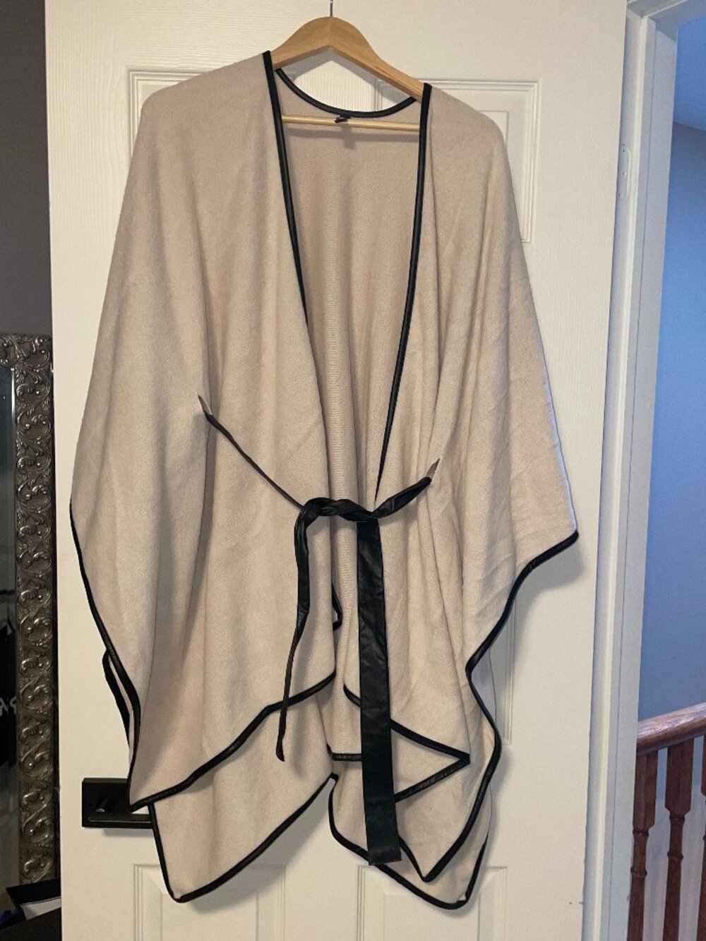 Torrid Oatmeal Beige Belted Poncho Wrap Cape Faux Leather Trim One Size